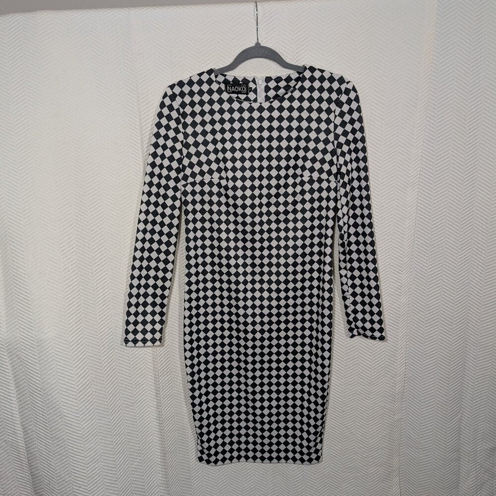NAOKO Black & White Checkered Bodycon Midi Dress Long Sleeves Size Small Office